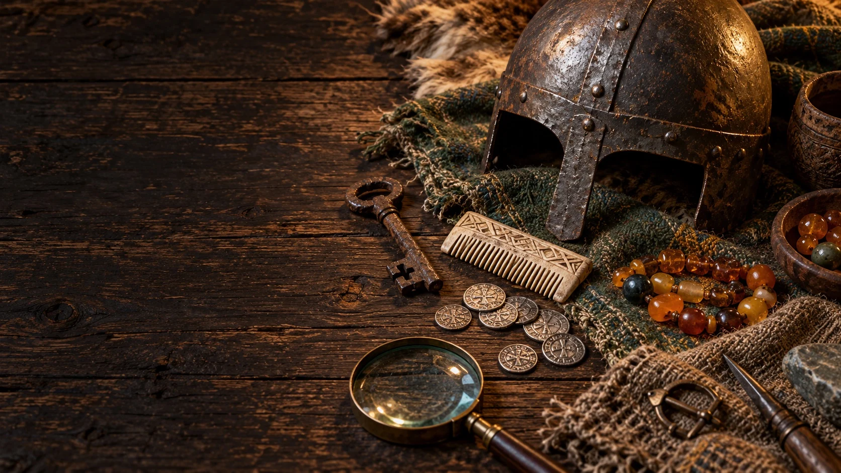An iron helmet, comb, beads and coins arranged on a timber table.