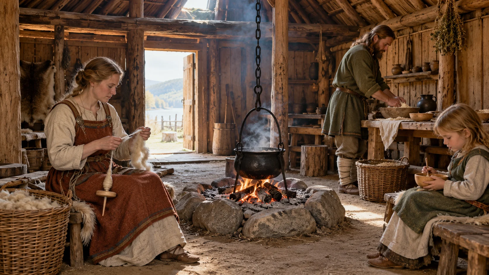 A timber longhouse with wool spinning, cooking and a central hearth.
