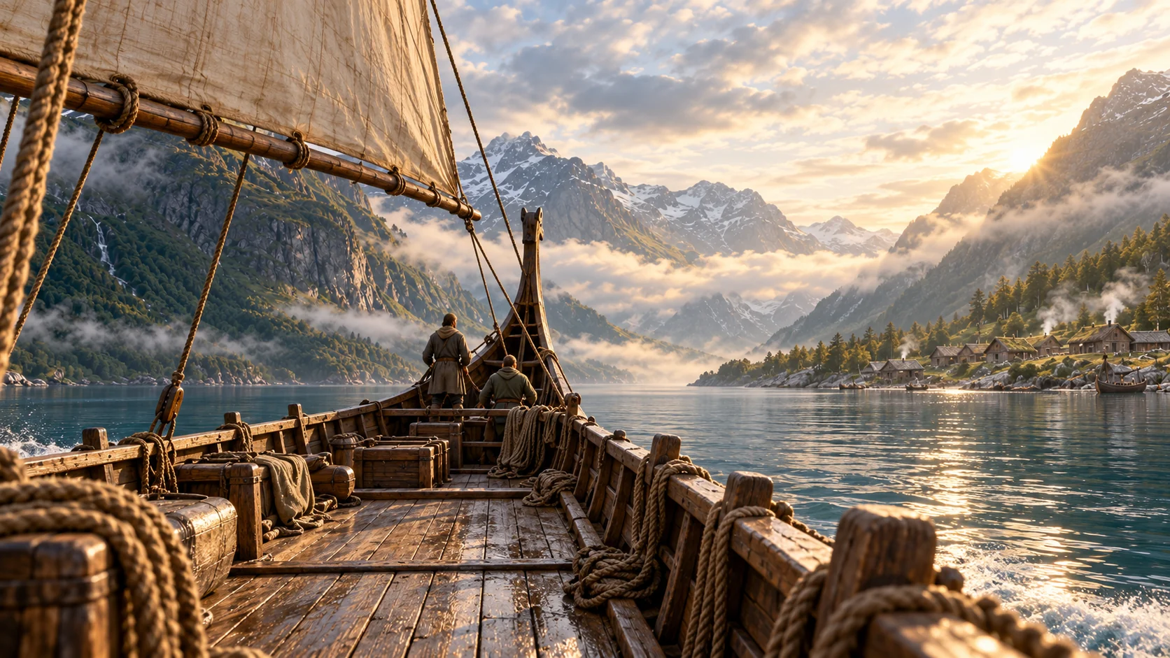 A view along the timber deck toward the bow, mountains and fjord settlement.